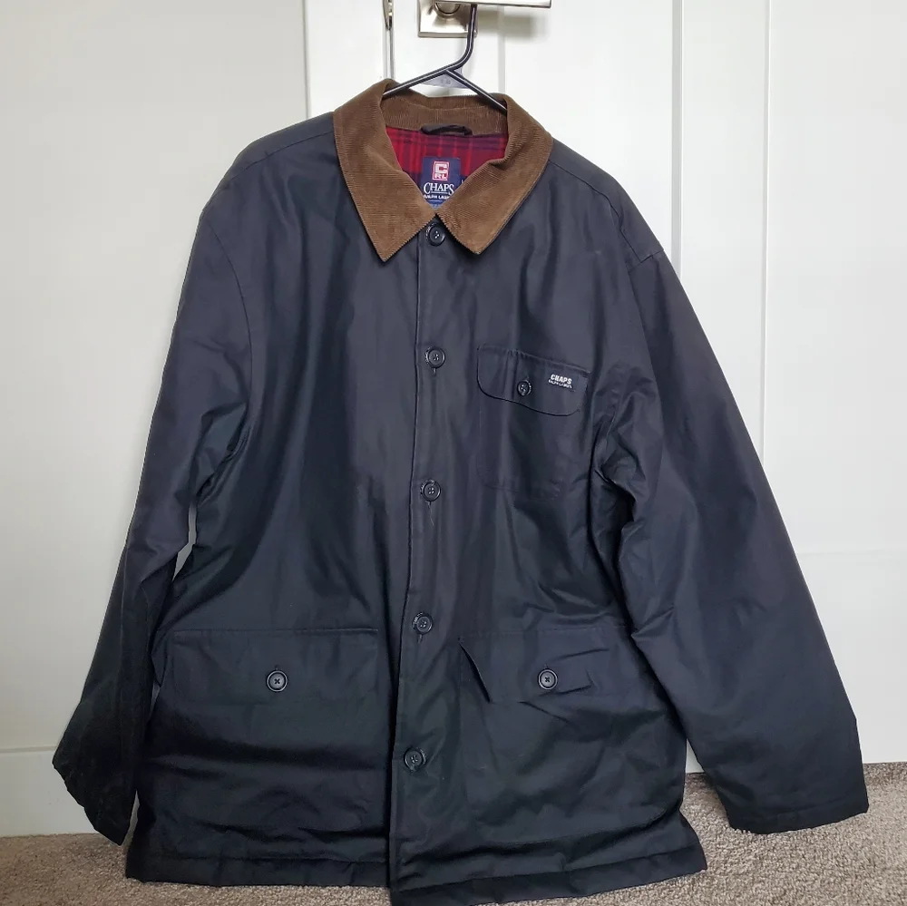 Chaps Ralph Lauren Men's L Coat, Corduroy Collar, Red Plaid Flannel Inside
